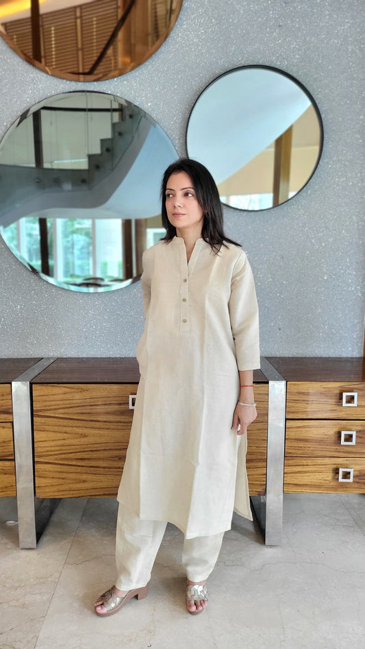 Solid Beige Cotton Kurta with Pants