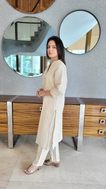 Solid Beige Cotton Kurta with Pants