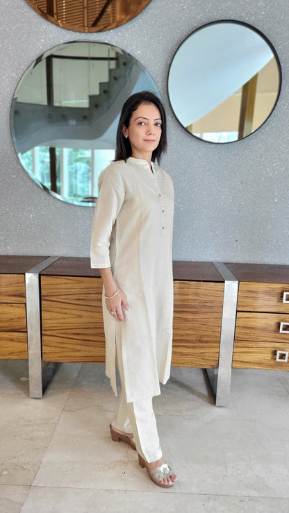 Solid Beige Cotton Kurta with Pants