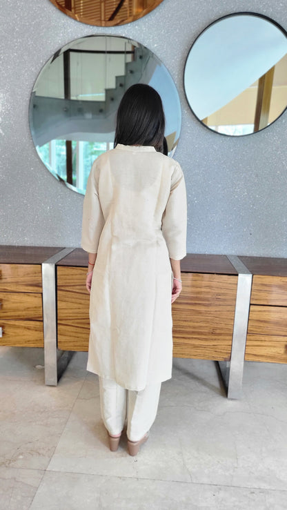 Solid Beige Cotton Kurta with Pants