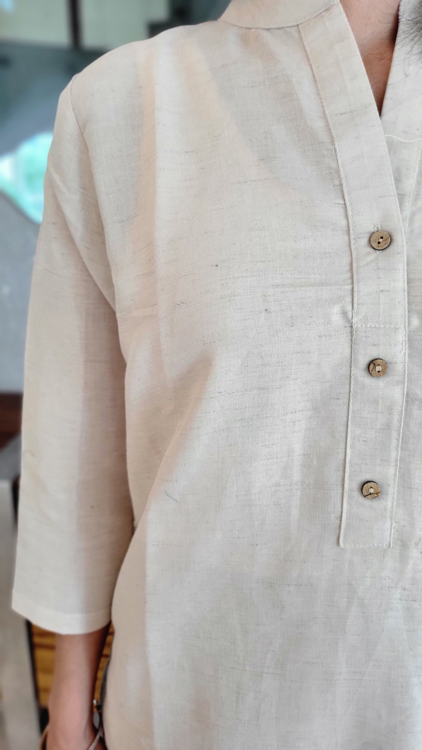 Solid Beige Cotton Kurta with Pants