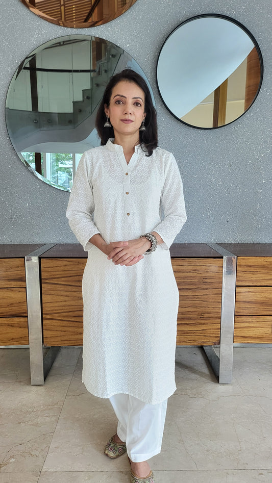 White Cotton Chikankari Kurta with Pants