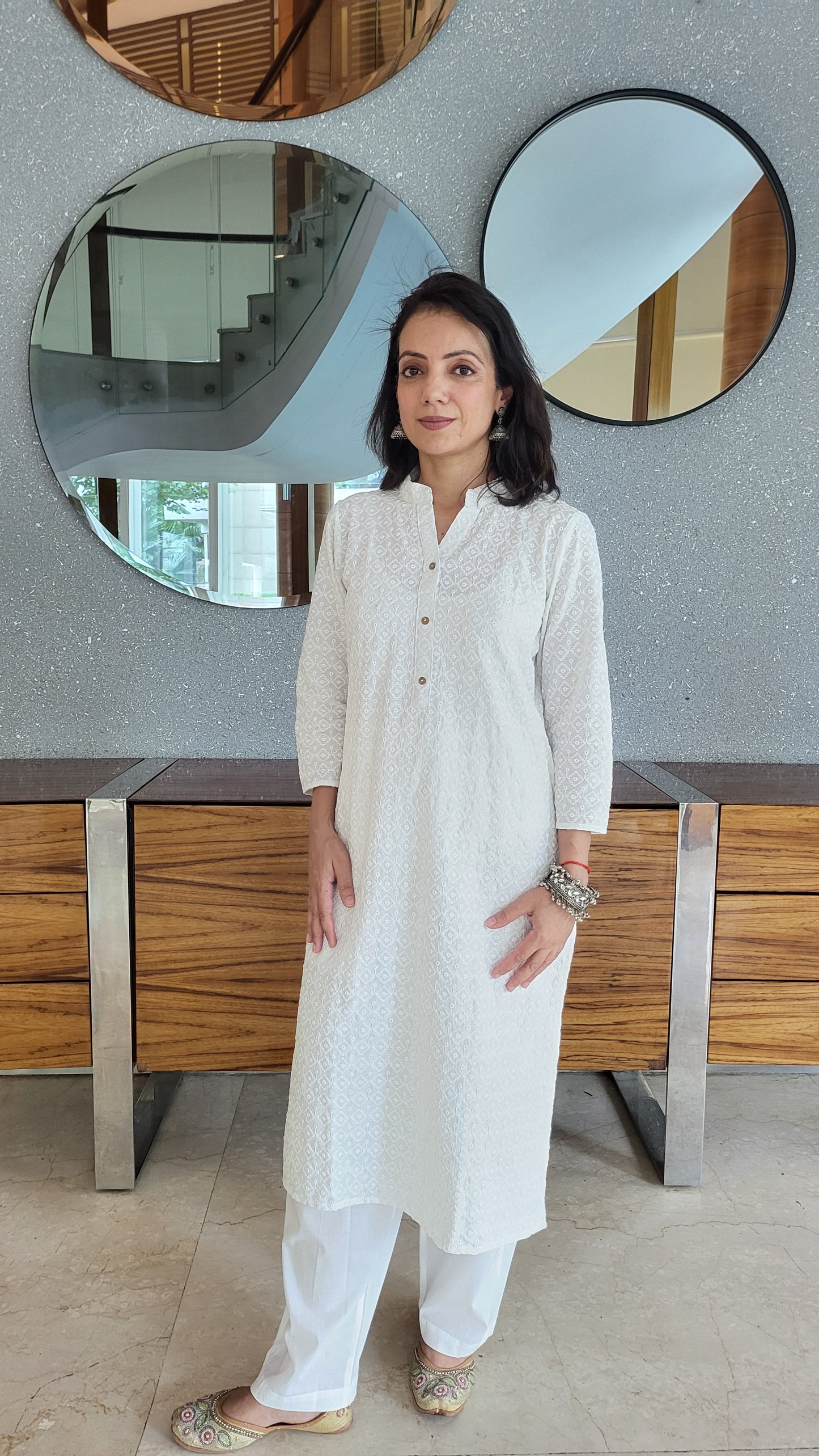 White Cotton Chikankari Kurta with Pants