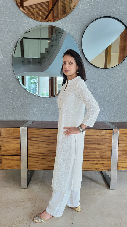 White Cotton Chikankari Kurta with Pants