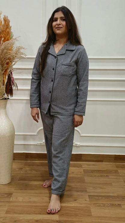 Grey Textured Women's Winter Flannel Nightsuit Set