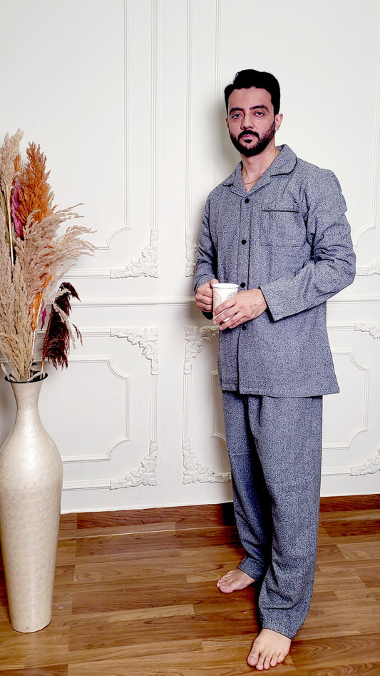 Grey Textured Men's Winter Flannel Nightsuit Set