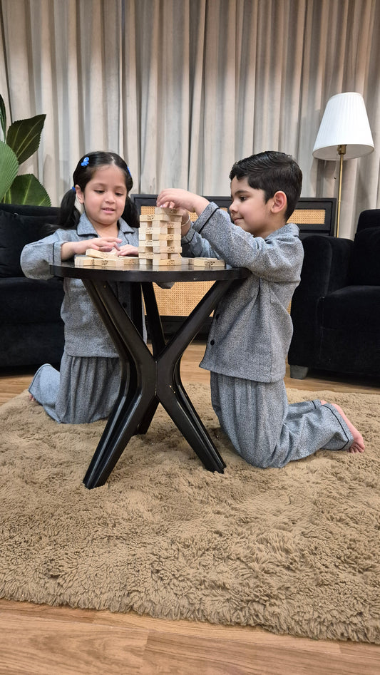 Grey Textured Kids Flannel Winter Unisex Nightsuit Set