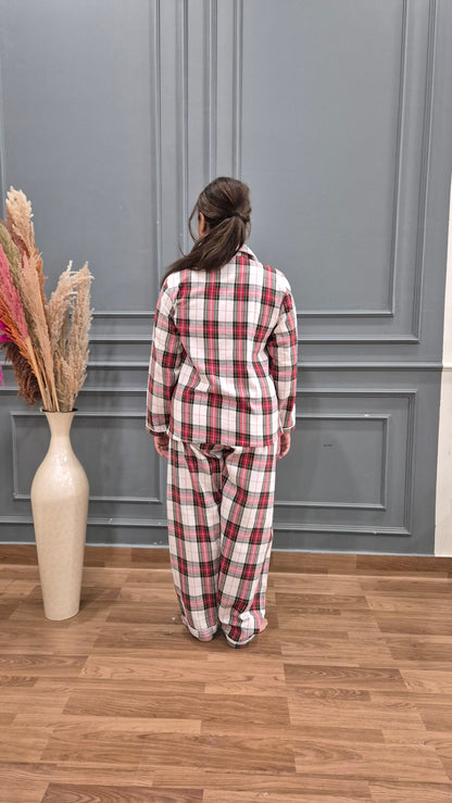 Red Checkered Women Winter Flannel Nightsuit Set