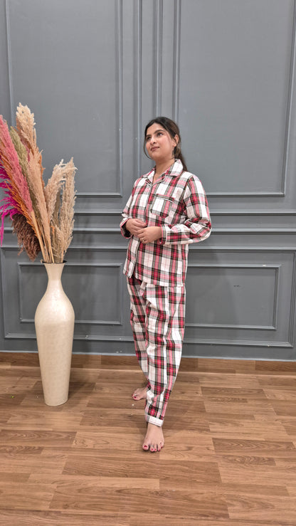 Red Checkered Women Winter Flannel Nightsuit Set