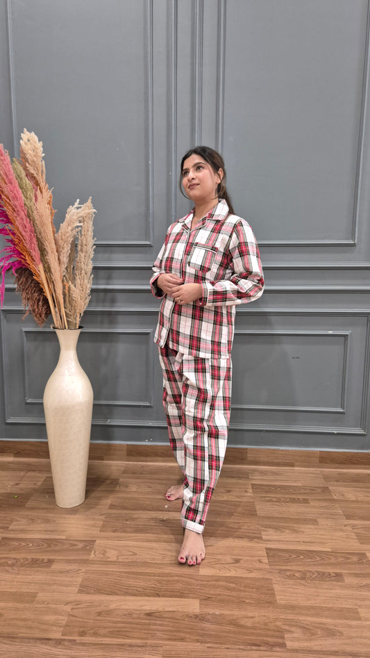 Red Checkered Women Winter Flannel Nightsuit Set