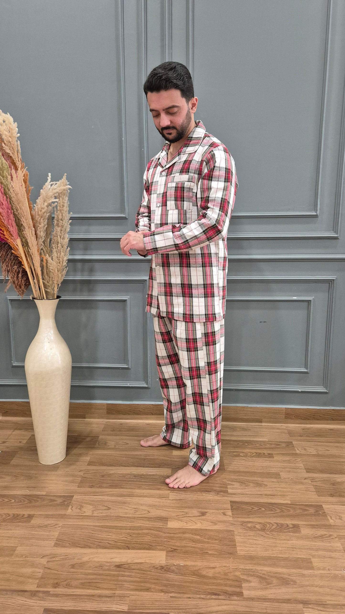 Red Checkered Men Winter Flannel Nightsuit Set