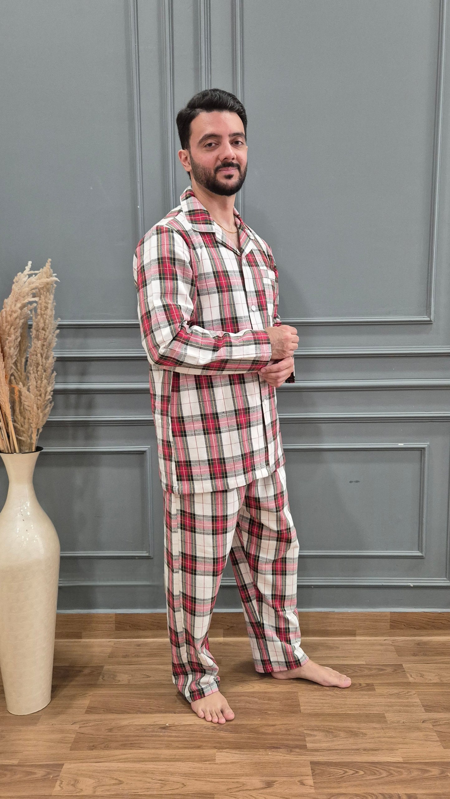 Red Checkered Men Winter Flannel Nightsuit Set