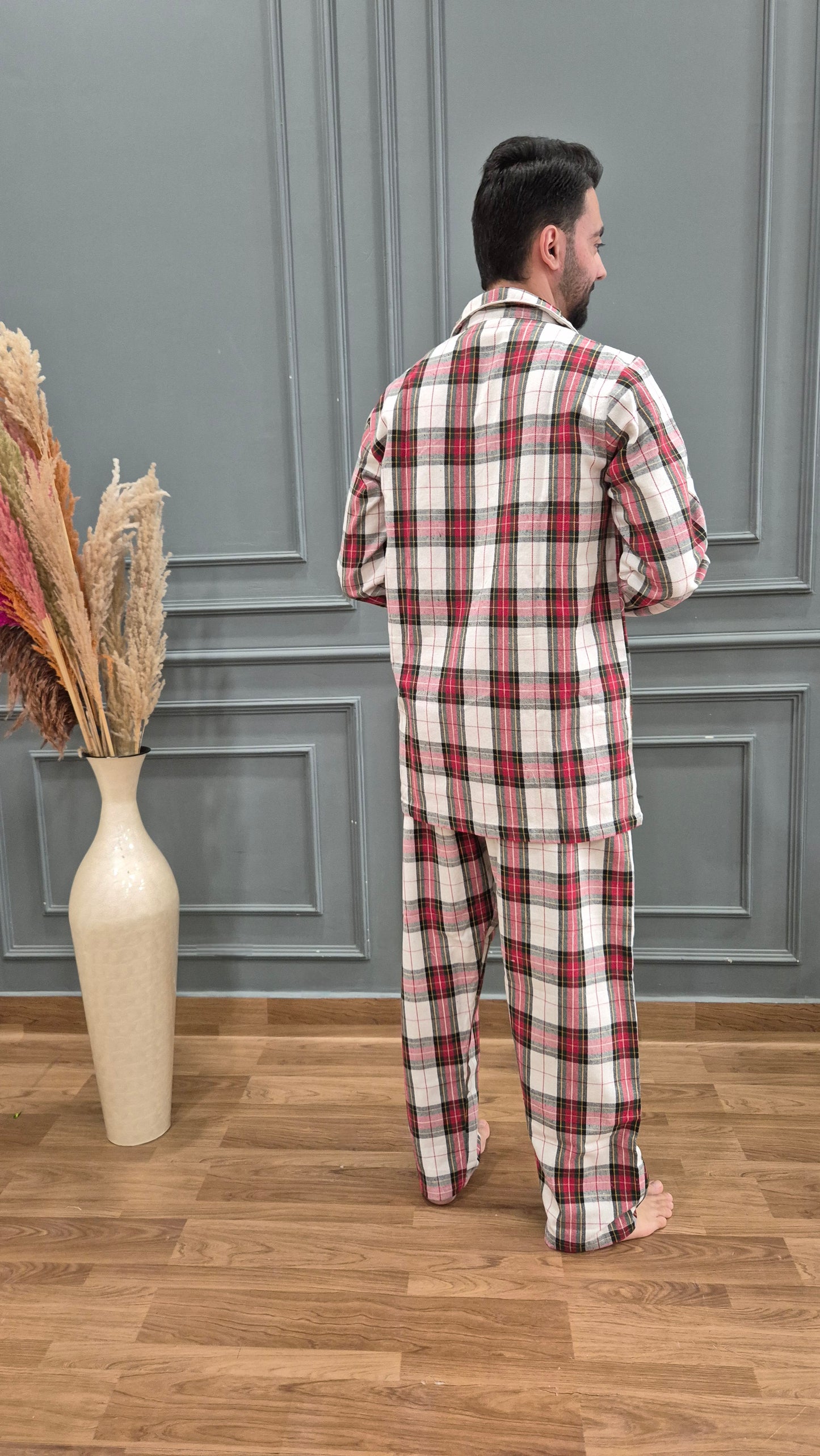 Red Checkered Men Winter Flannel Nightsuit Set