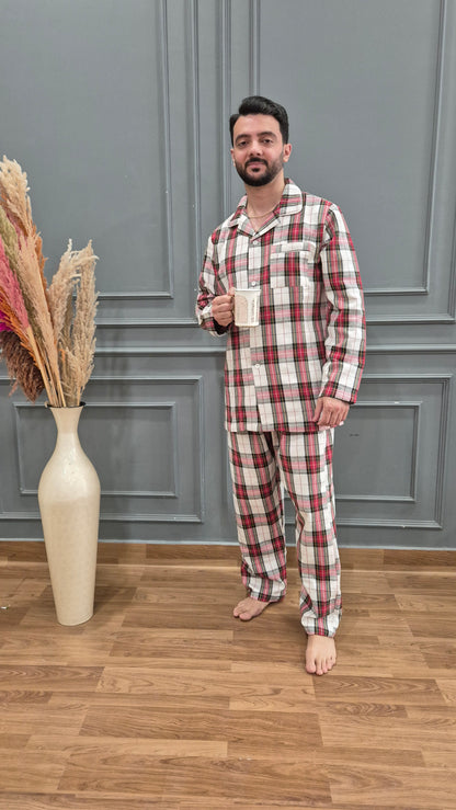 Red Checkered Men Winter Flannel Nightsuit Set