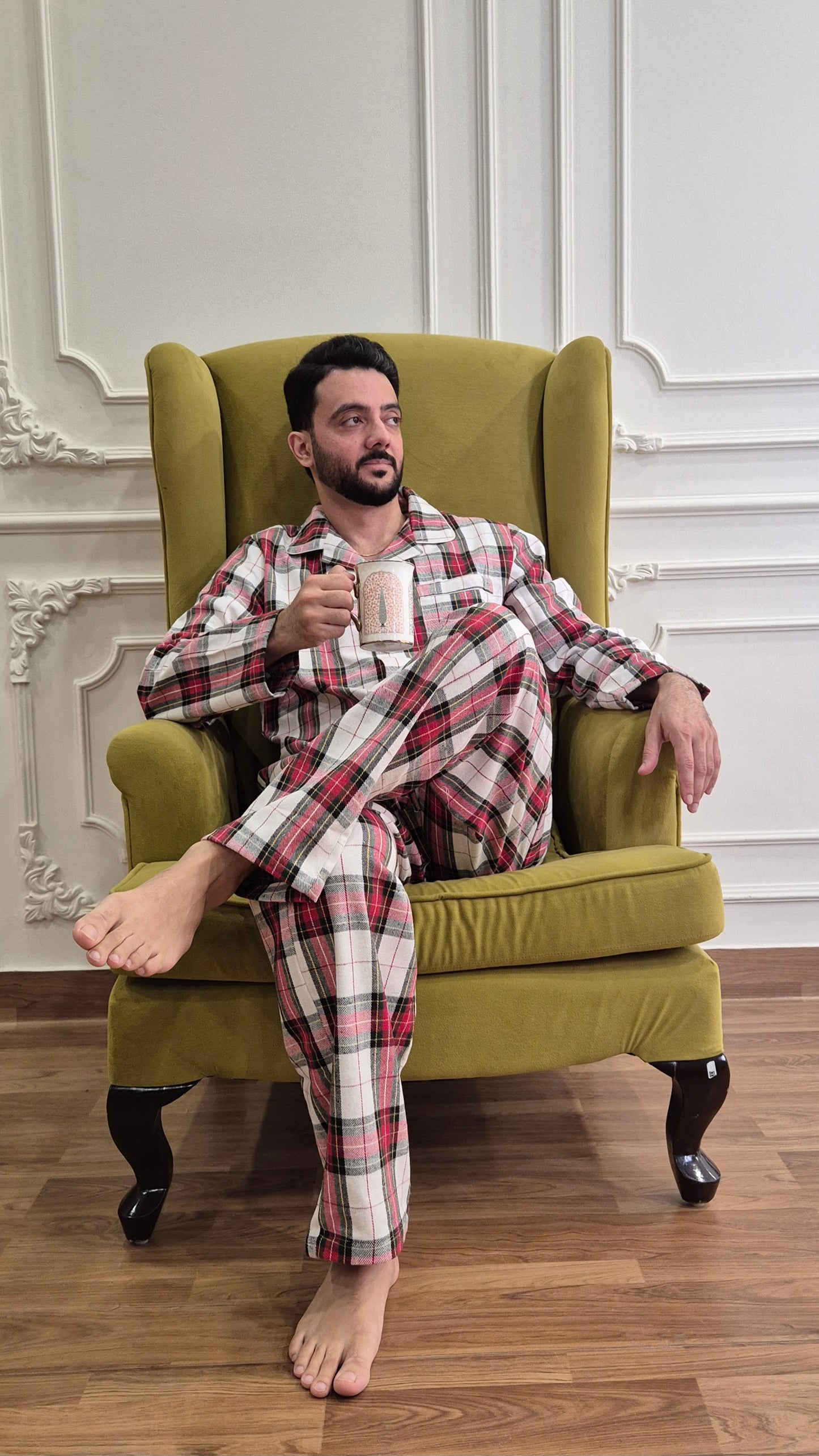 Red Checkered Men Winter Flannel Nightsuit Set