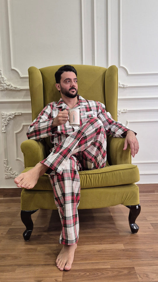 Red Checkered Men Winter Flannel Nightsuit Set