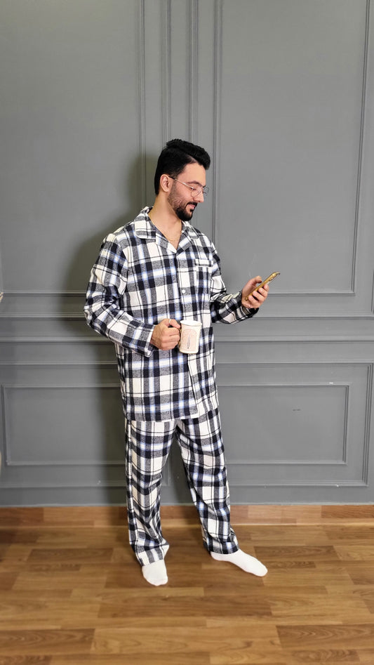 Blue Checkered Men's Winter Flannel Nightsuit Set