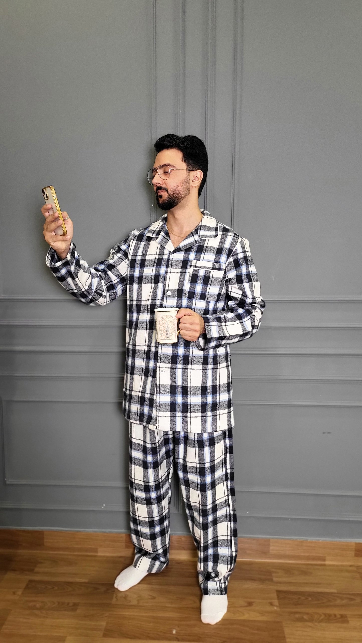 Blue Checkered Men's Winter Flannel Nightsuit Set