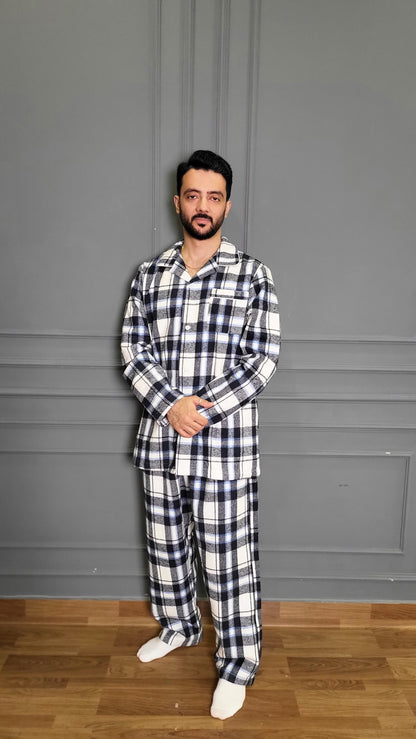 Blue Checkered Men's Winter Flannel Nightsuit Set