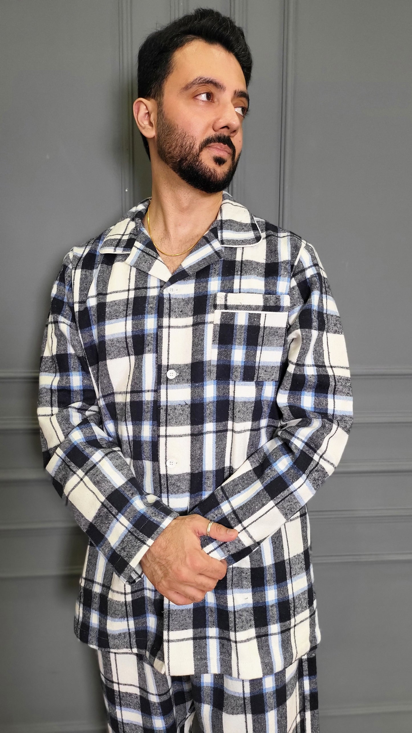 Blue Checkered Men's Winter Flannel Nightsuit Set
