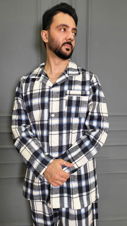 Blue Checkered Men's Winter Flannel Nightsuit Set