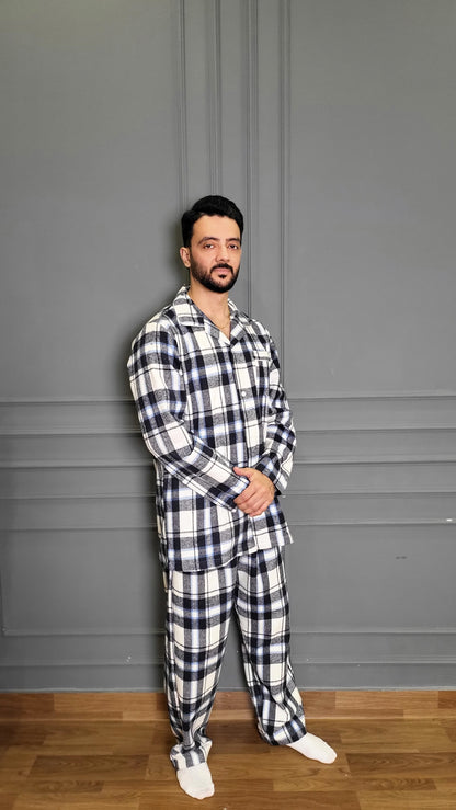 Blue Checkered Men's Winter Flannel Nightsuit Set