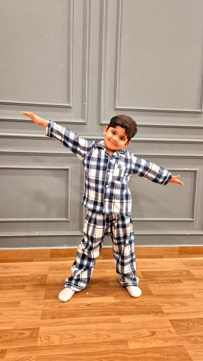 Blue Checkered Kids Flannel Winter Unisex Nightsuit Set
