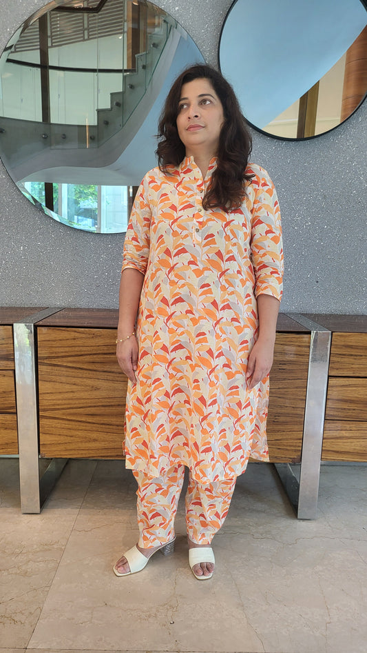 Orange printed Cotton Kurta with Pants