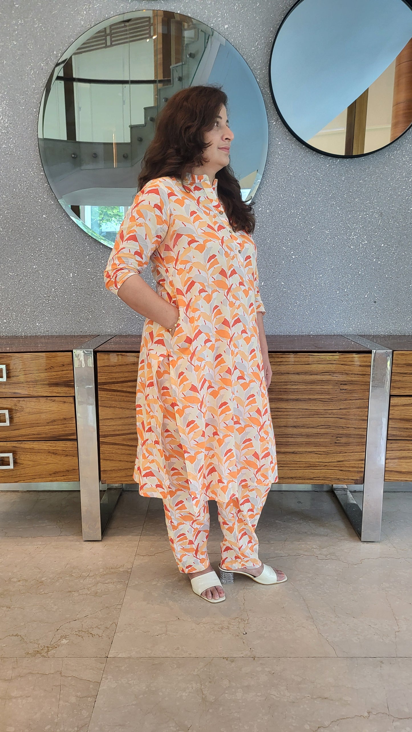 Orange printed Cotton Kurta with Pants