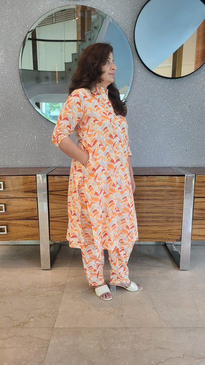 Orange printed Cotton Kurta with Pants