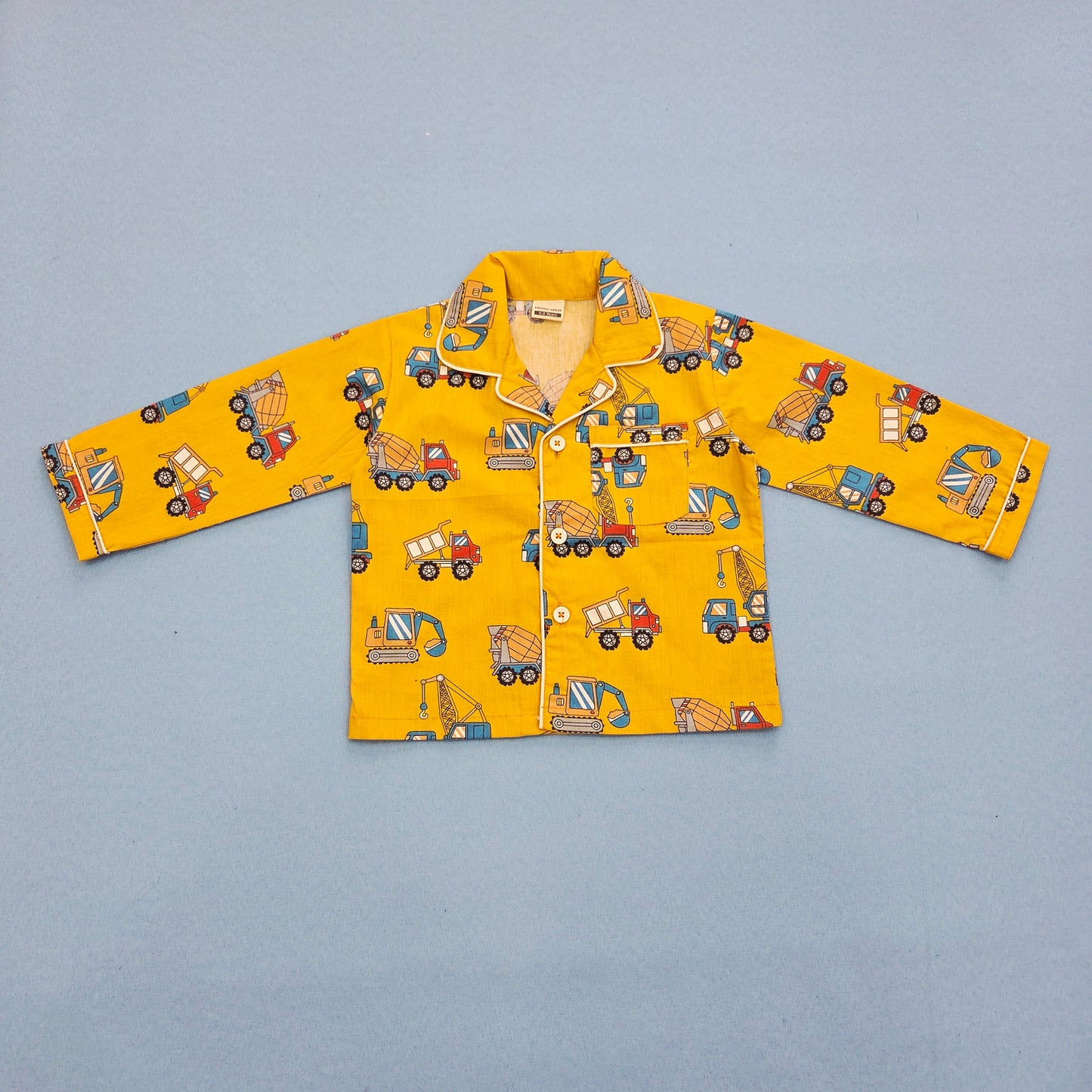 Pure Cotton Yellow Construction vehicles Printed Unisex Nightsuit Set