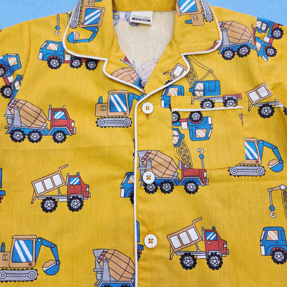 Pure Cotton Yellow Construction vehicles Printed Unisex Nightsuit Set