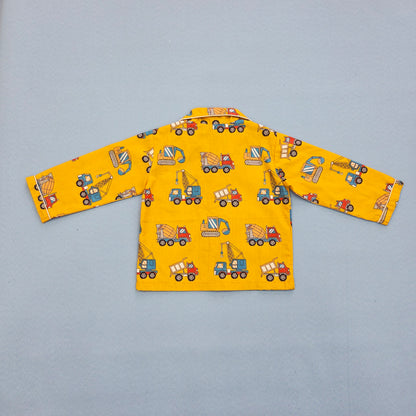 Pure Cotton Yellow Construction vehicles Printed Unisex Nightsuit Set