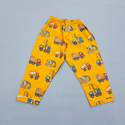 Pure Cotton Yellow Construction vehicles Printed Unisex Nightsuit Set