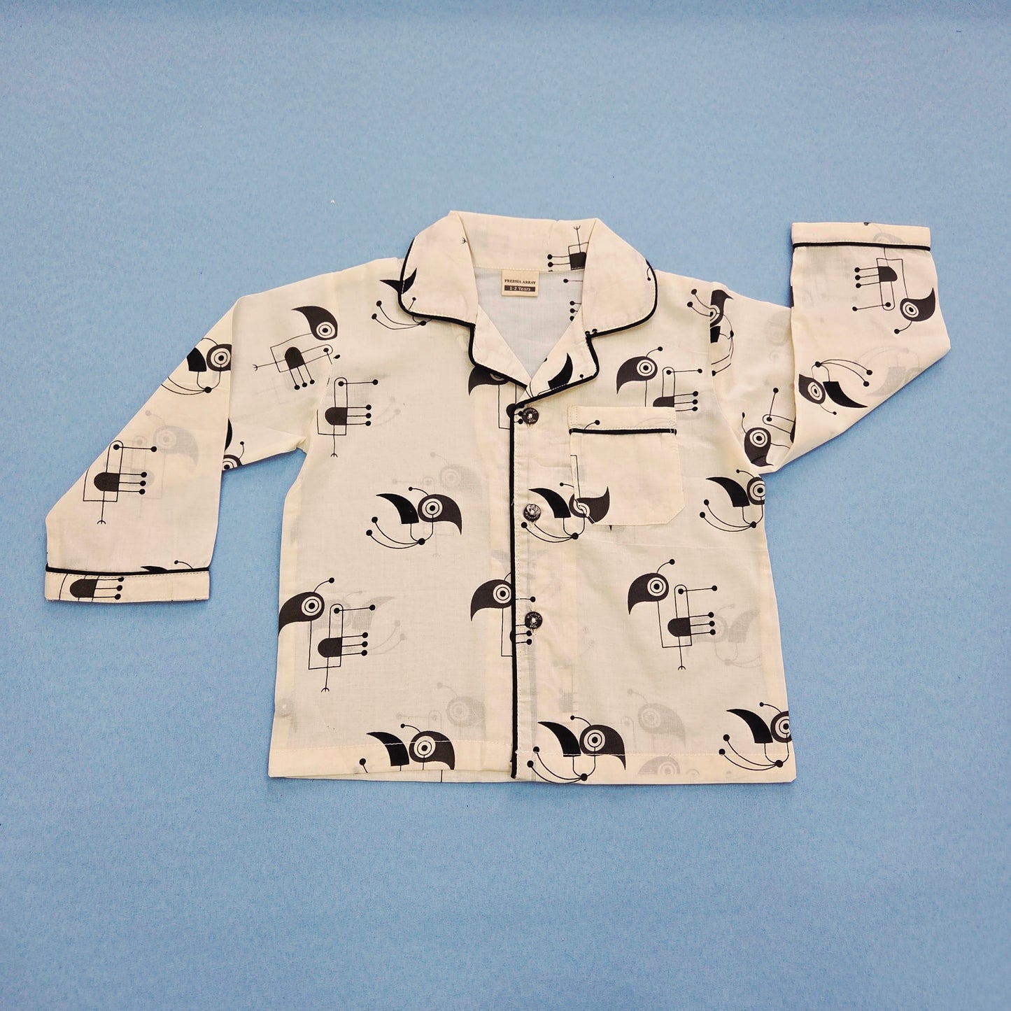 Pure Cotton White Bird Print Unisex Nightsuit Set