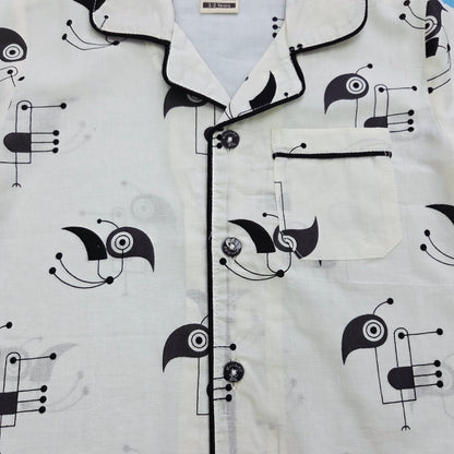 Pure Cotton White Bird Print Unisex Nightsuit Set