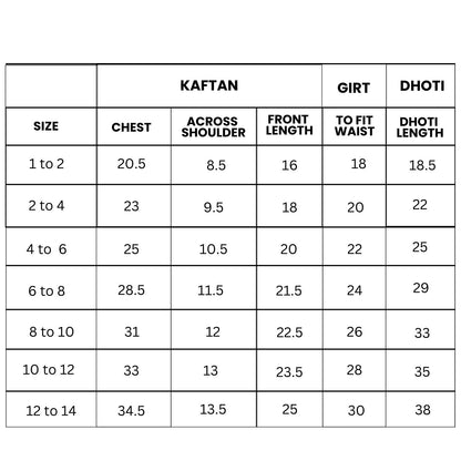 Freesia Array size chart for girls  dhoti kaftan set