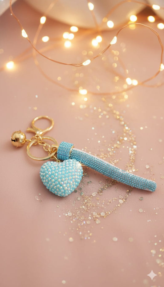 Blue Crystal Heart and Tassel Charm with Gold Bell decorative accessory