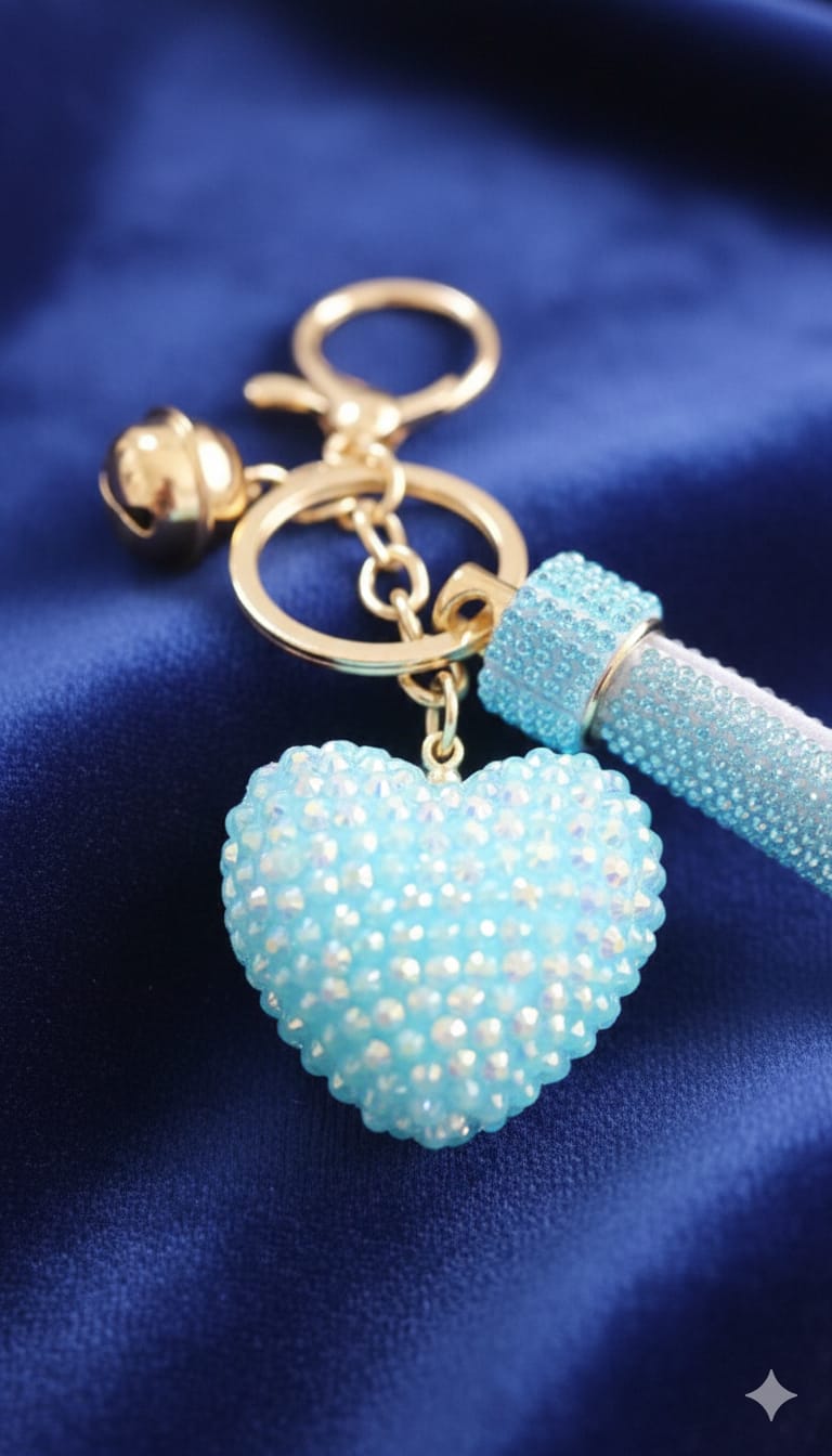Blue Crystal Heart and Tassel Charm with Gold Bell decorative accessory