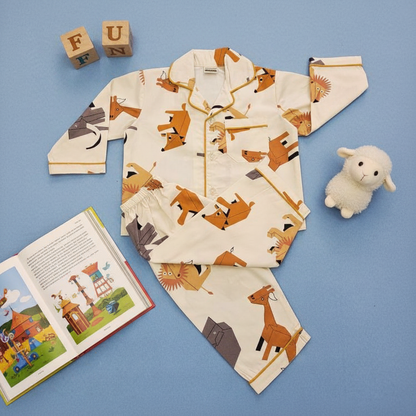 Pure Cotton White Safari Animal Print Unisex Nightsuit Set