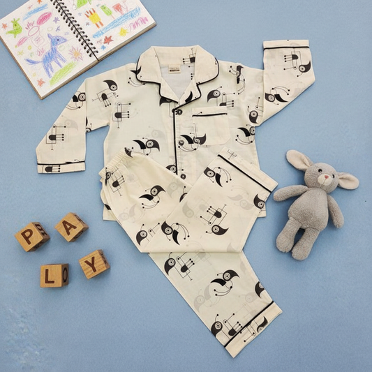 Pure Cotton White Bird Print Unisex Nightsuit Set