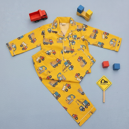 Pure Cotton Yellow Construction vehicles Printed Unisex Nightsuit Set