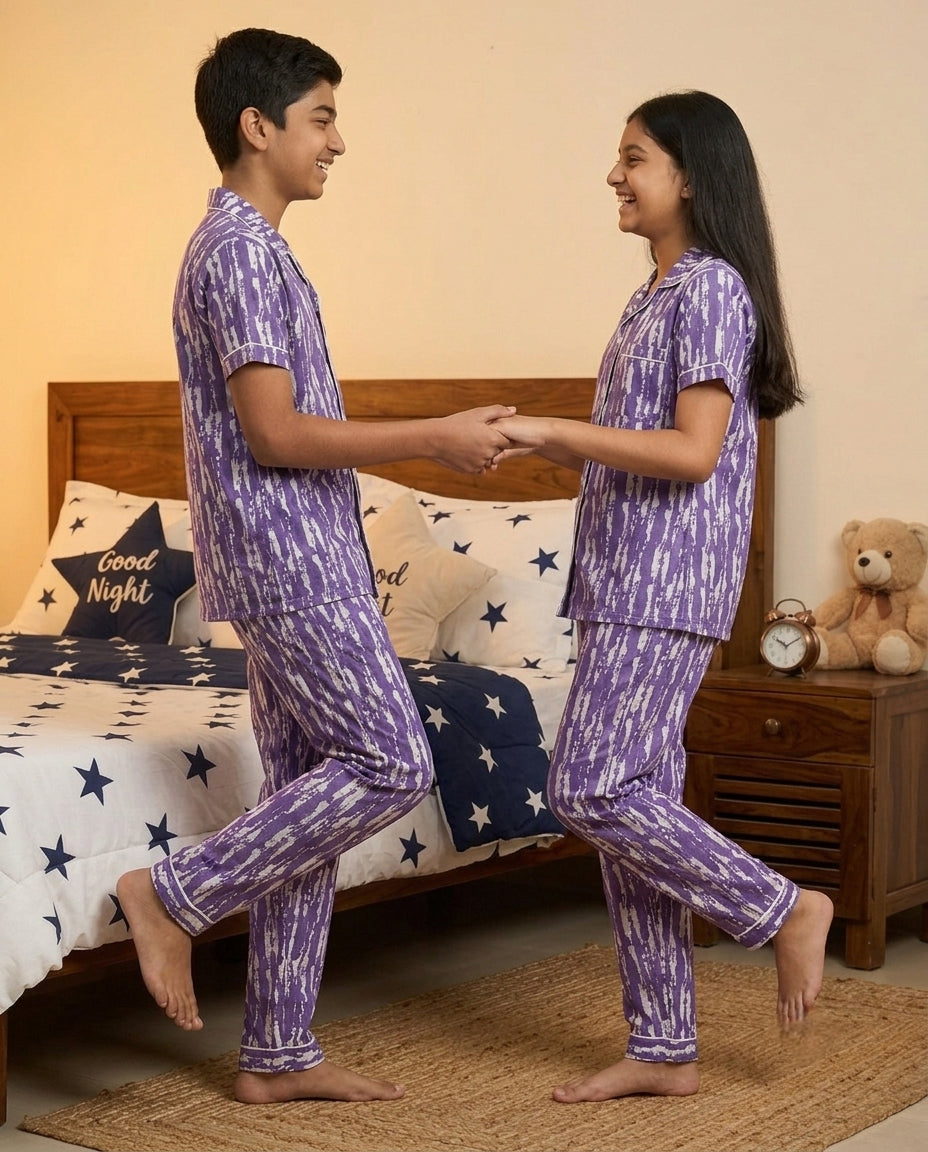 Purple Abstract Tie-Dye Printed Pure Unisex Nightsuit Set