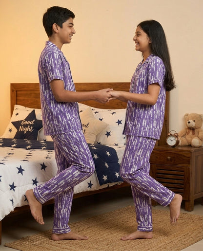 Purple Abstract Tie-Dye Printed Pure Unisex Nightsuit Set