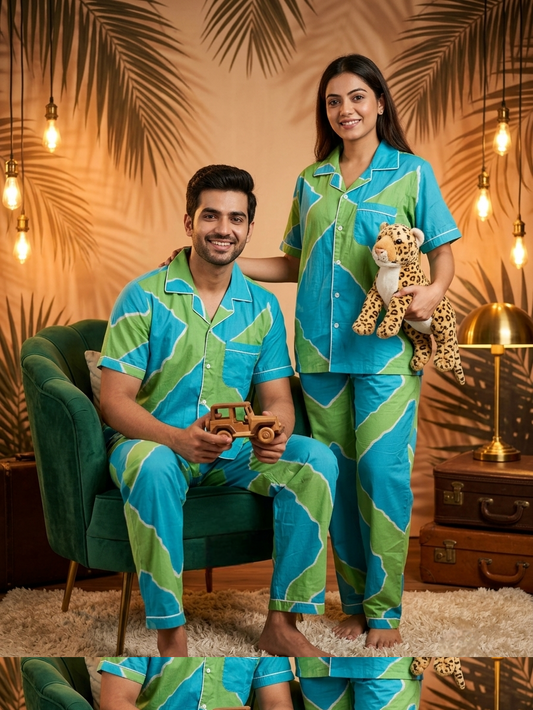Aqua & Lime Green Printed Pure Cotton Unisex Nightsuit Set