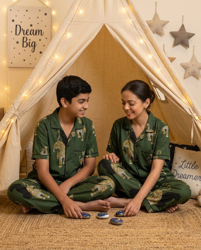 Green Leopard & Panther Print Cotton Unisex Nightsuit Set