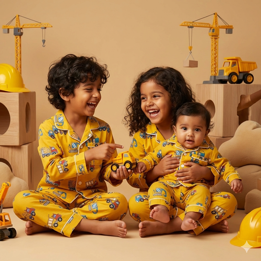 Pure Cotton Yellow Construction vehicles Printed Unisex Nightsuit Set