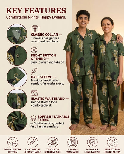 Green Leopard & Panther Print Cotton Unisex Nightsuit Set