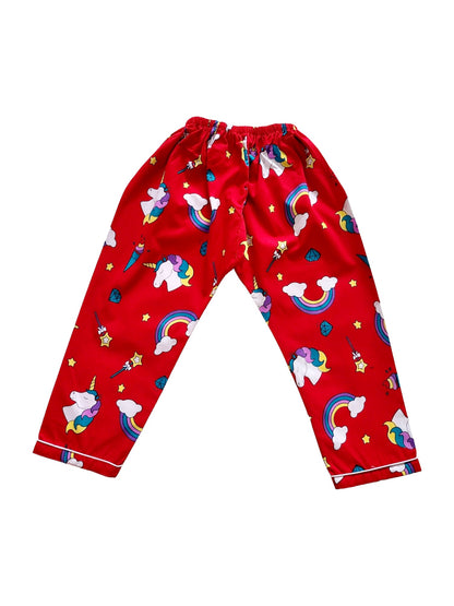 Red Unicorn Print Cotton Kids Unisex Nightsuit Set