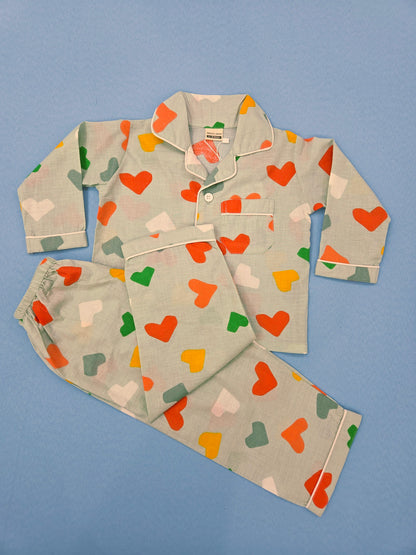 Pure Cotton Multi-Color Heart Print Unisex Nightsuit Set